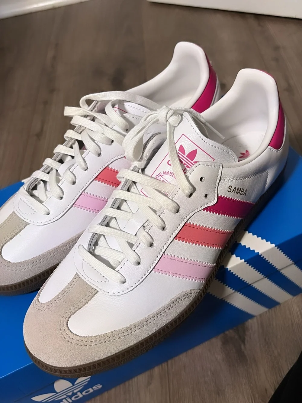 adidas Women’s White Sneakers with Pink Gradient Stripes. Brand new, never worn. - Picture 2 of 5